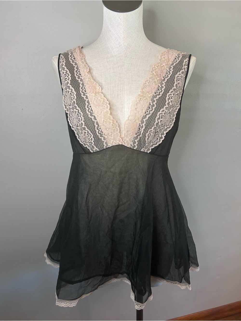 Vintage Black Chiffon Chemise with Blush Lace Trim